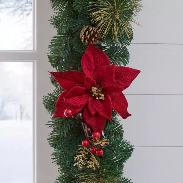 Home Accents Holiday 17 ft. Burgundy Poinsettia Mixed Pine Garland with Berries and Gold Glitter Cedar