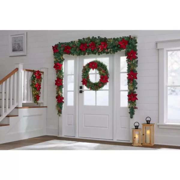 Home Accents Holiday 17 ft. Burgundy Poinsettia Mixed Pine Garland with Berries and Gold Glitter Cedar