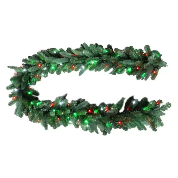 Home Accents Holiday 9 ft. Christmas Bright Pre-lit LED Artificial Spruce Artificial Christmas Garland with Red, Green, Cool White Lights