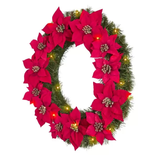 Home Accents Holiday 30 in. Berry Bliss Battery Operated Pre-Lit LED Artificial Christmas Wreath with Poinsettia