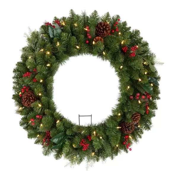 Home Accents Holiday 30 in. Winslow Fir Battery Operated Pre-lit Artificial Christmas Wreath with 175 Tips and 50 Warm White Lights